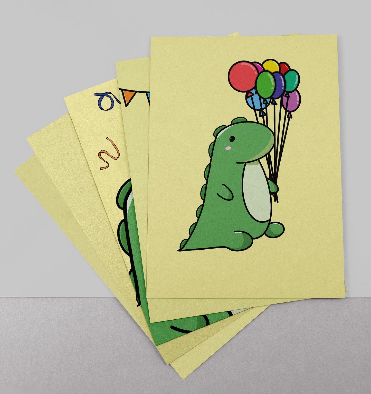 Set van 5 Handgemaakte Kaarten – Dino Feest – Blanco Binnenkant