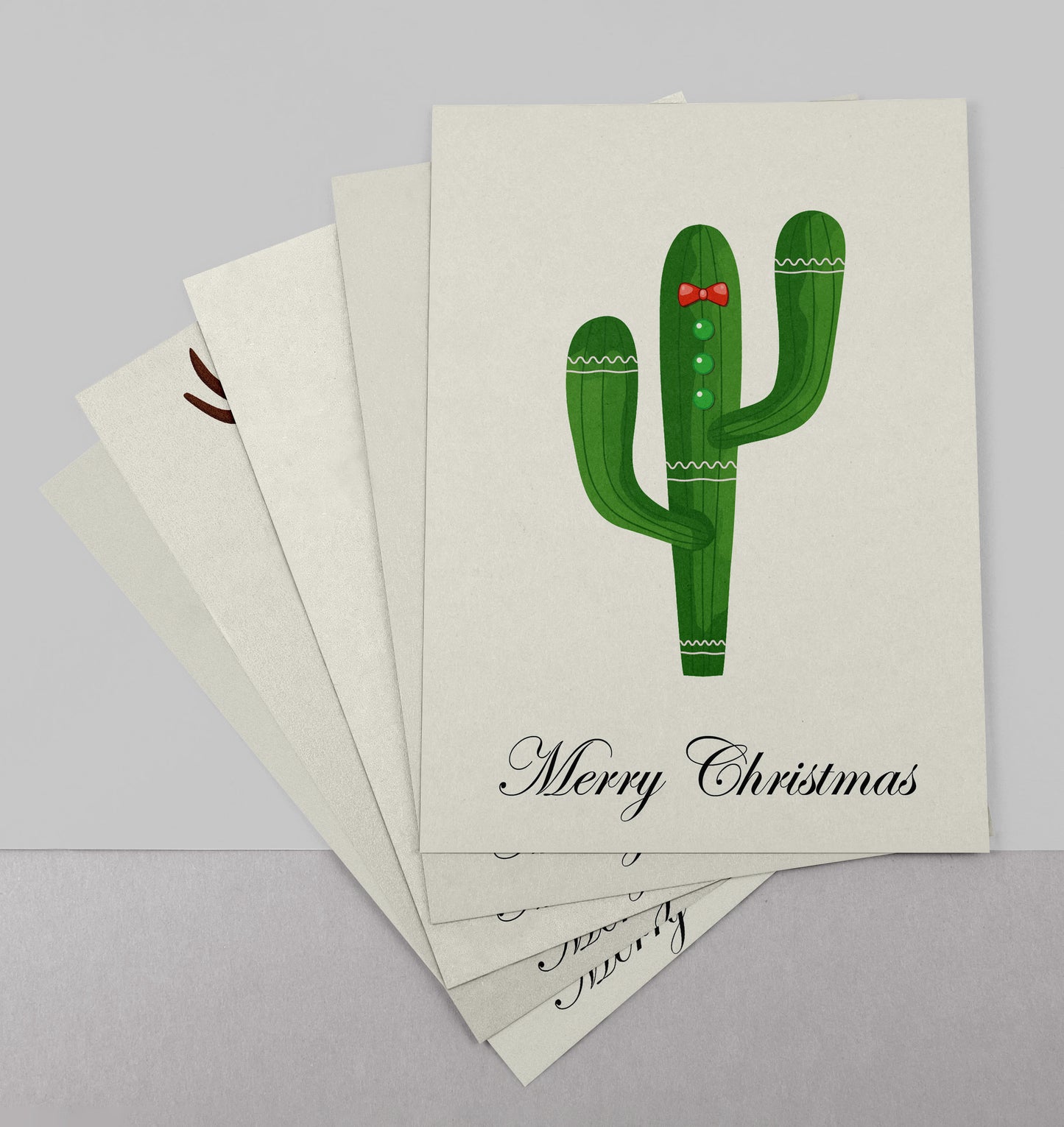 Set van 5 Handgemaakte Kaarten – Cactus Kerst – Blanco Binnenkant