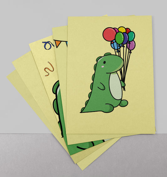 Set van 5 Handgemaakte Kaarten – Dino Feest – Blanco Binnenkant