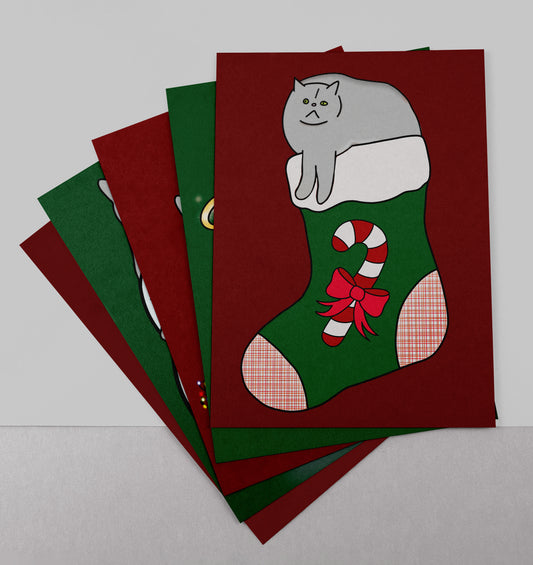Set van 5 Handgemaakte Kaarten – Grumpy Cat – Blanco Binnenkant