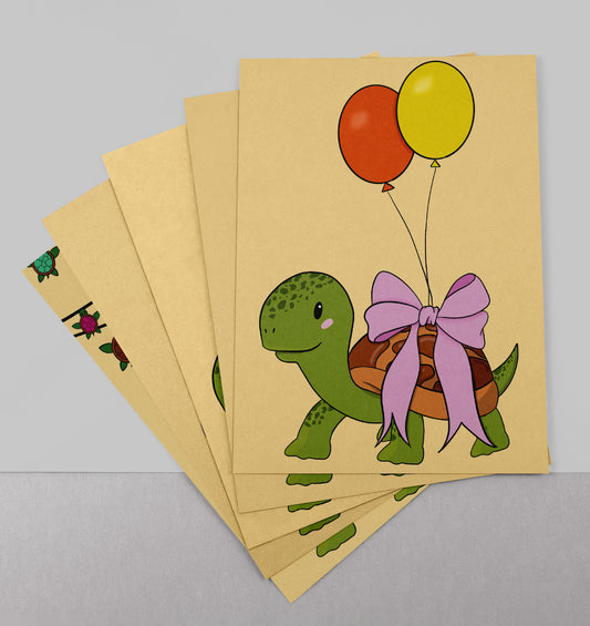 Set van 5 vrolijke handgemaakte verjaardagskaarten zonder tekst, Turtle Party thema​