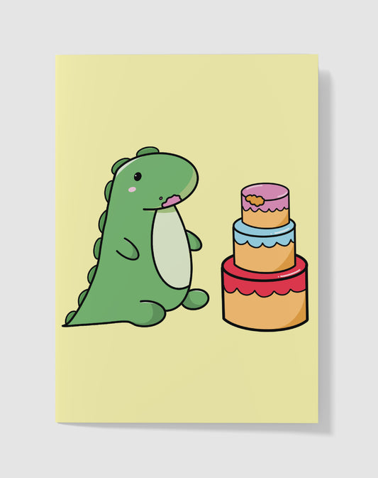 Verjaardagskaart - Dino Feest Hapje Taart – Handgemaakt & Blanco