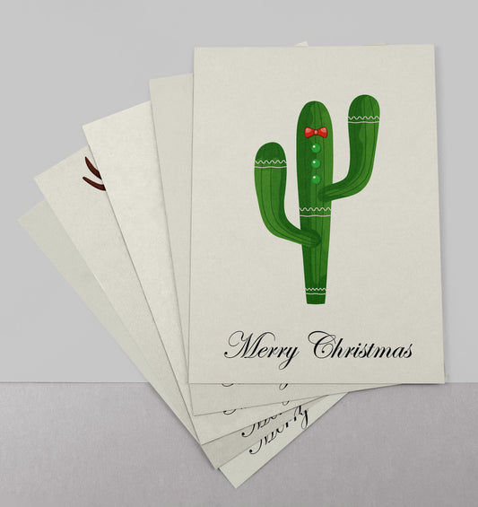 Set van 5 Handgemaakte Kaarten – Cactus Kerst – Blanco Binnenkant